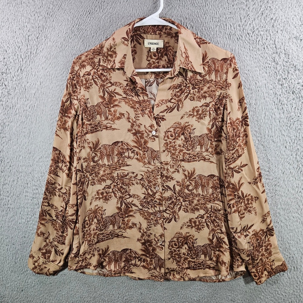 L'AGENCE Silk Toile Leopard Print Button Down Blouse Tan Brown XS